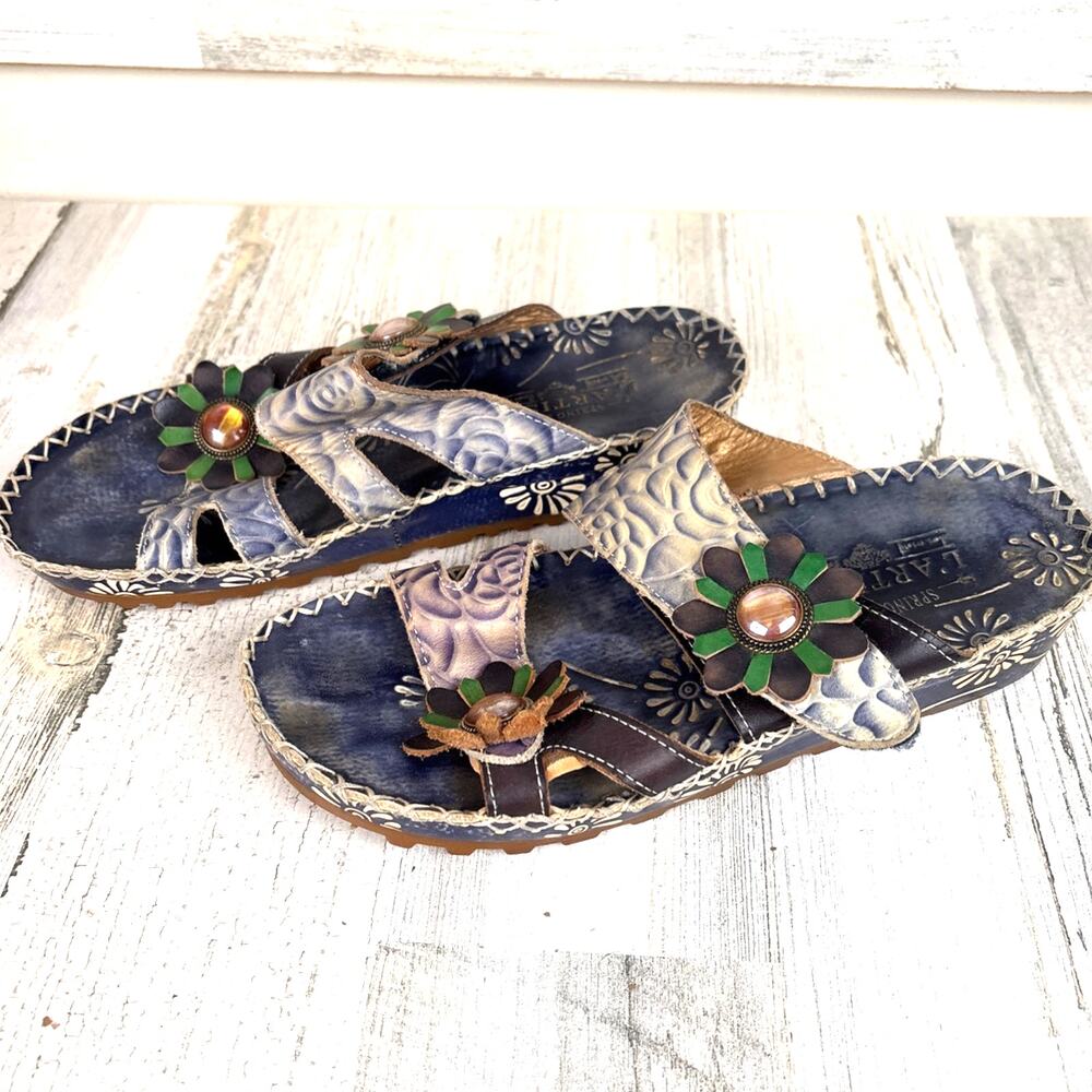 L'Artiste Womens 8 EU 39 Blue Multi Floral Leather Slip On Sandals Comfort